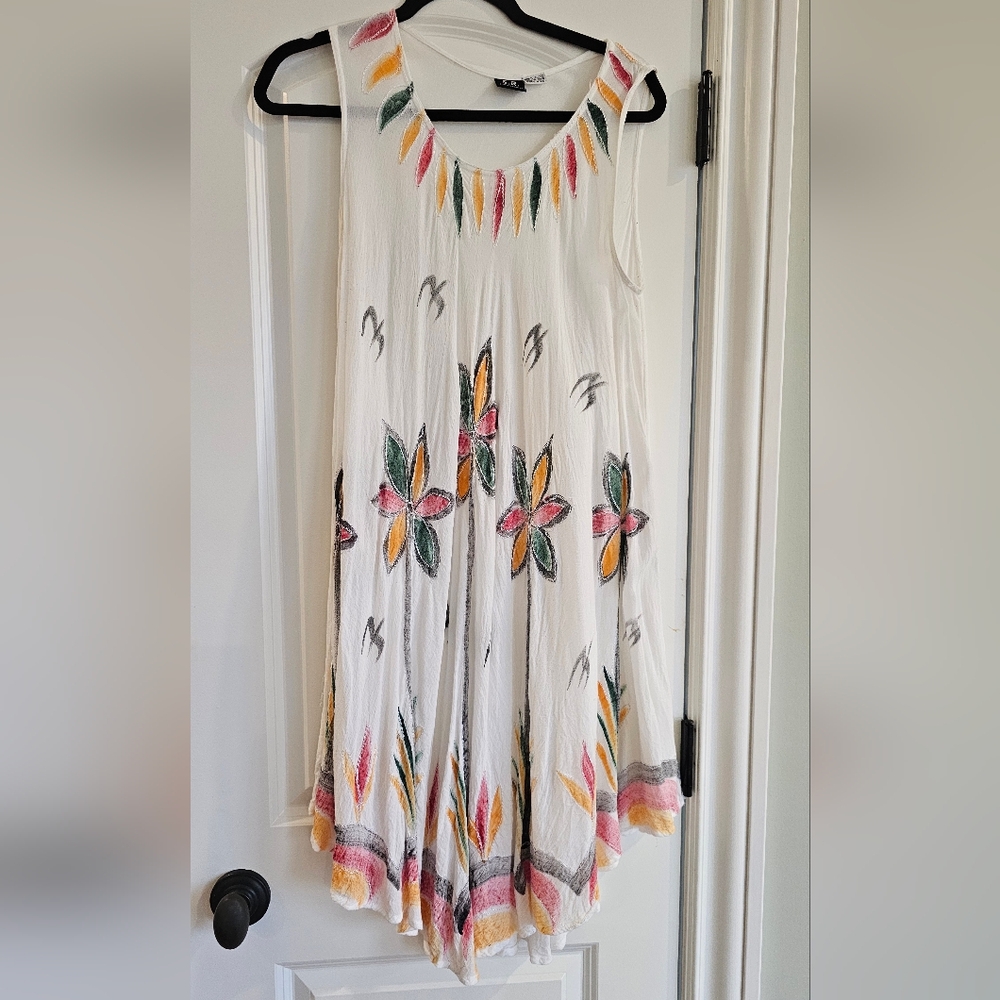 S R Fashion White Floral Handkerchief Hem Sundress with Pink, Yellow & Green